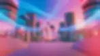 Futuristic cityscape with flying cars and glowing blue trails against a pink sky. Circular towers line the hexagonal-tiled path.